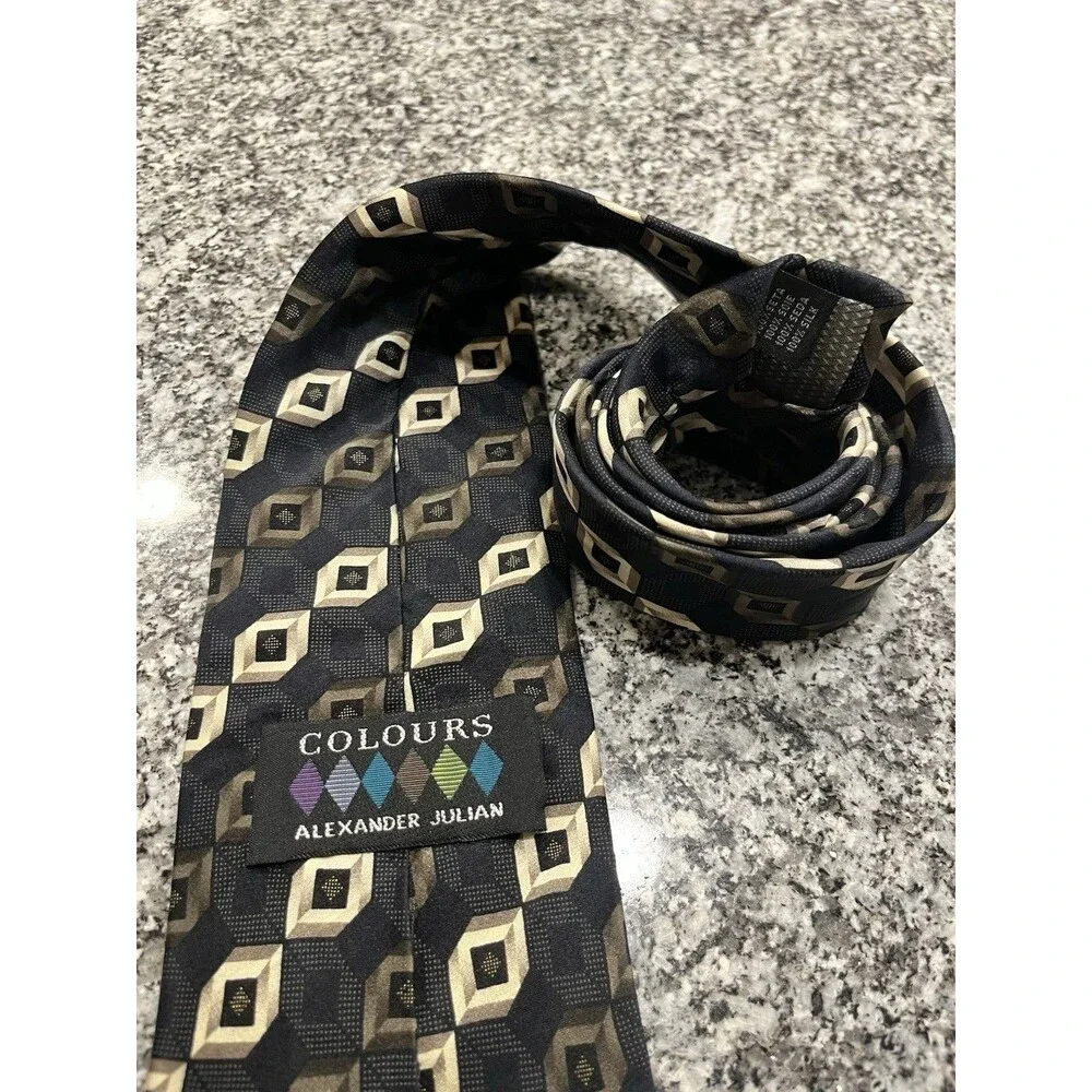 Alexander Julian Men's Black Beige Brown Geometric Pointed Tie 100% silk 0060